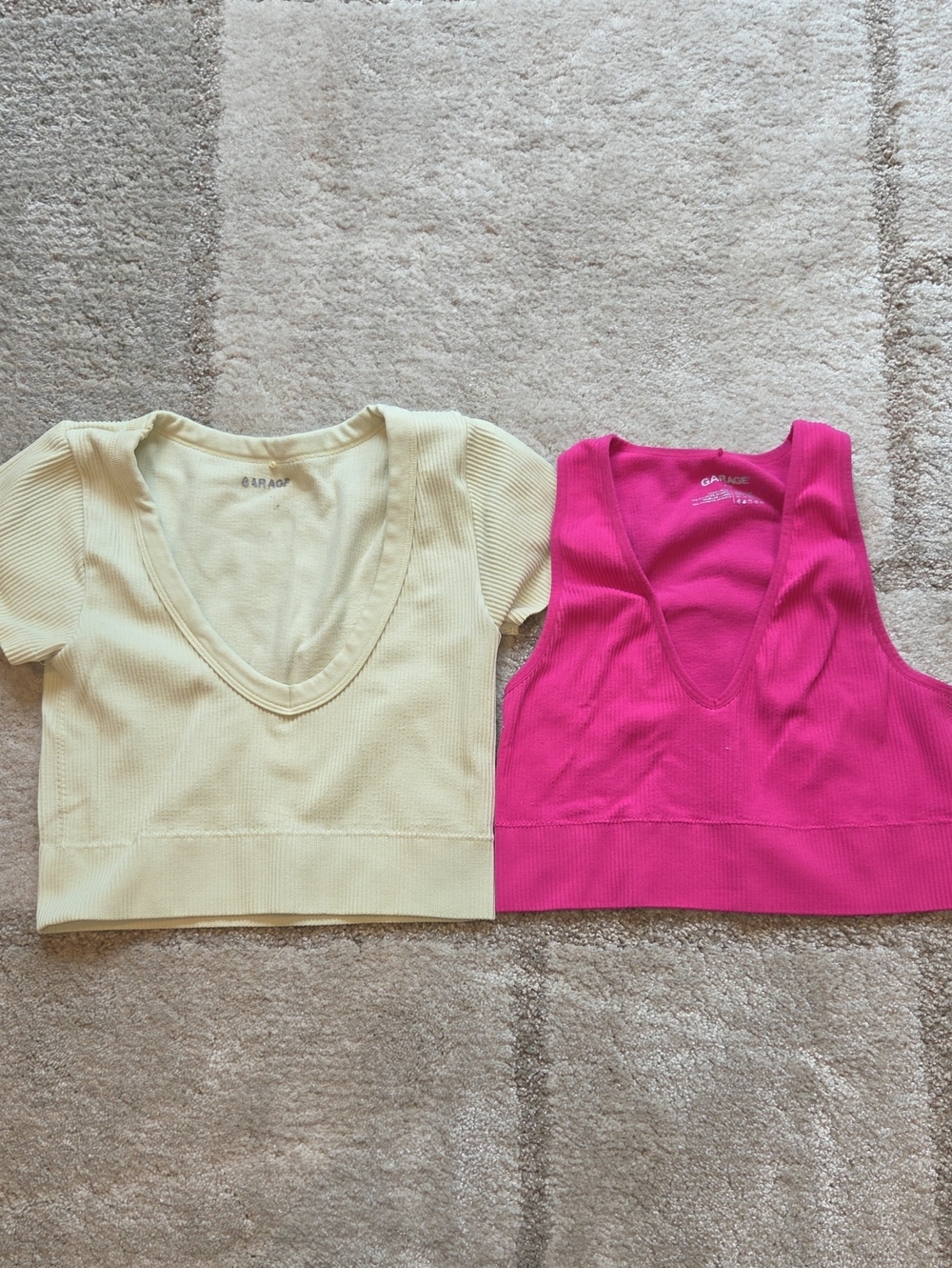 Garage Ribbed V-Neck Crop Tops in Hot Pink & Pale Yellow